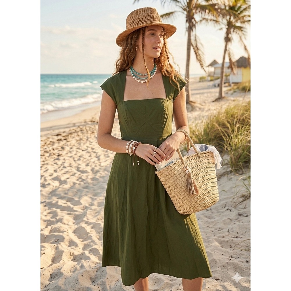 Banana Republic Green boho Cotton Poplin Cutout Midi Dress Smocked Back S Petite